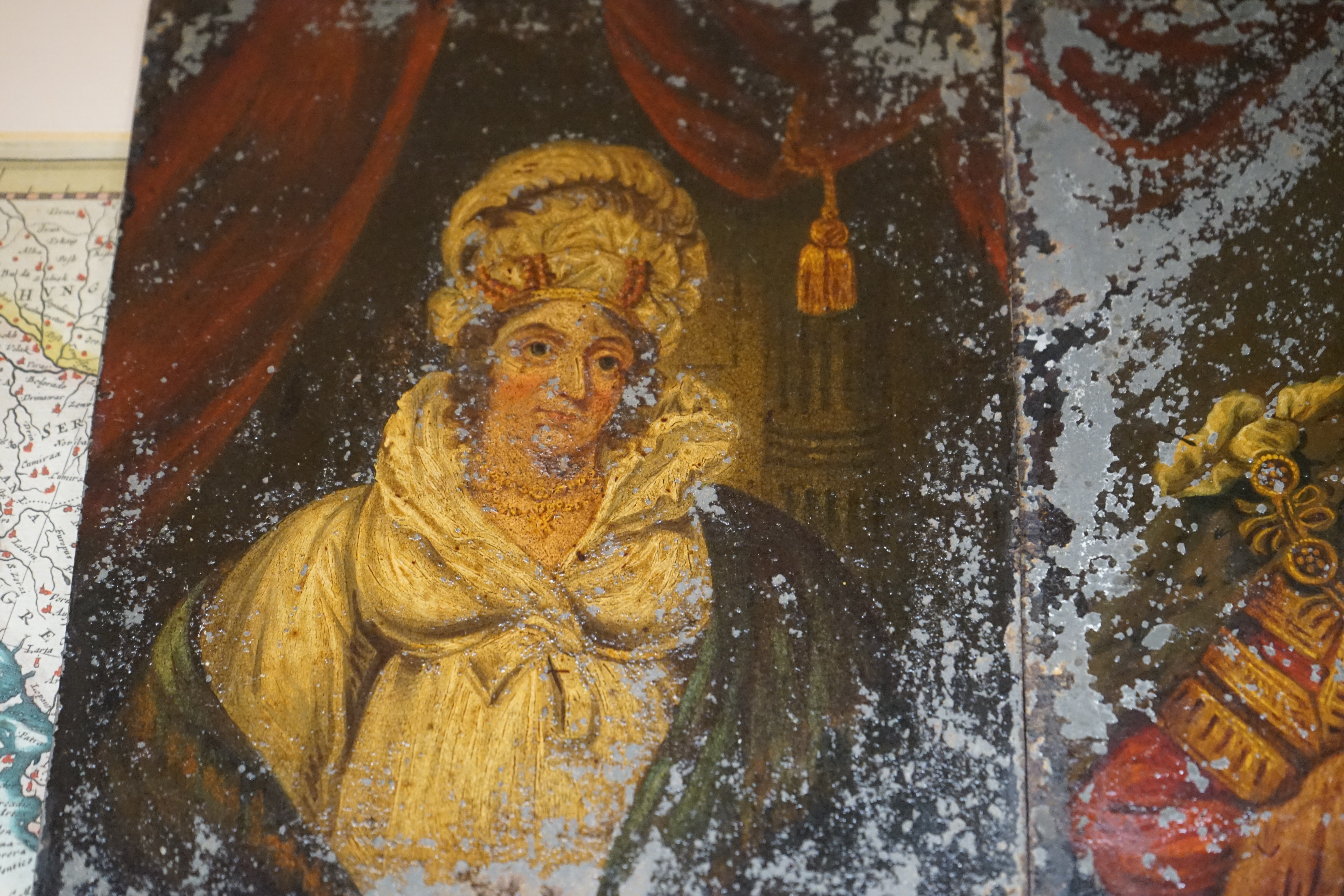 Early 19th century School, pair of oils on tin, Portraits of King George IV and Caroline of Brunswick, 20 x 16cm, unframed. Condition - poor, flaking and paint loss all over